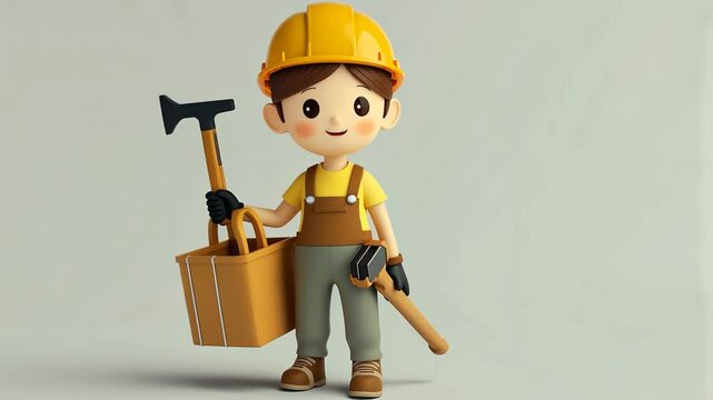 cartoon character workman with yellow hardhat, overalls and a toolbag