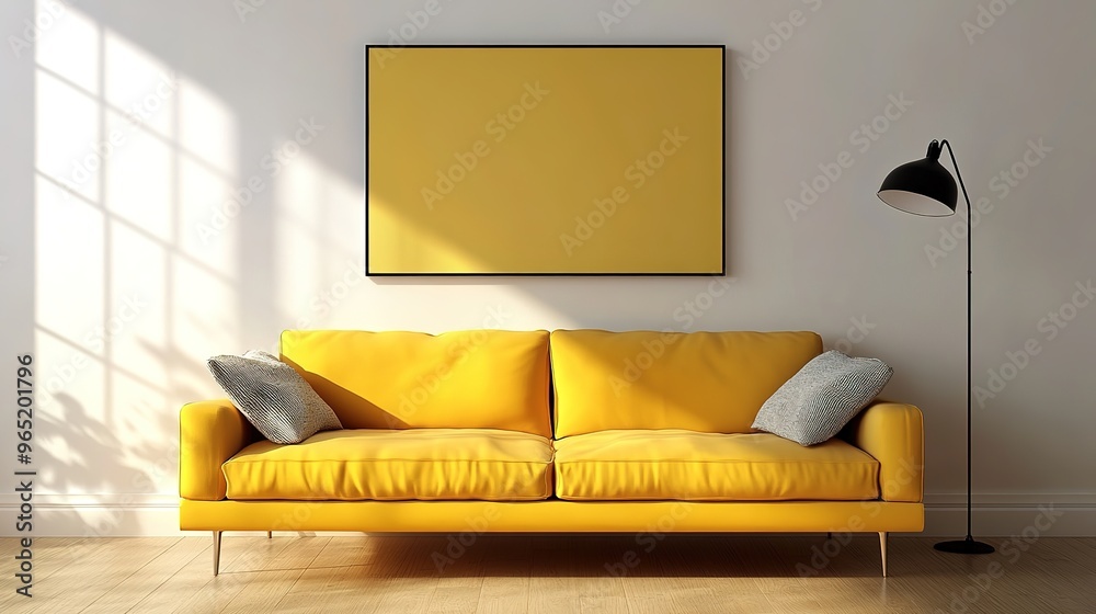 Wall mural Raw photo of a vibrant yellow sofa, captured without a frame. 