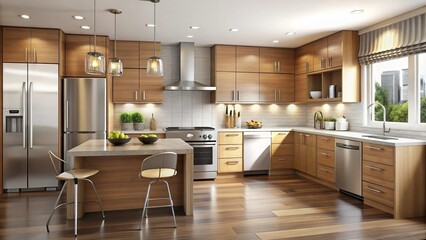 The modern kitchen features light brown cabinets paired with sleek stainless steel appliances, creating a stylish and