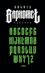 Gothic style alphabet. Vector. Letters and symbols on a black background. Calligraphy with a green marker. Medieval latin letters. Elegant font for tattoos. Ancient Germanic style.