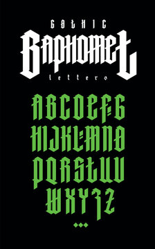 Gothic style alphabet. Vector. Letters and symbols on a black background. Calligraphy with a green marker. Medieval latin letters. Elegant font for tattoos. Ancient Germanic style.