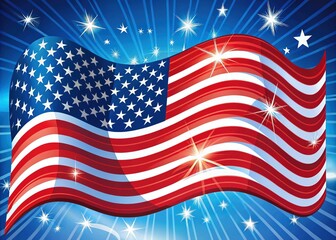 Vibrant patriotic illustration of the American flag rendered in bold red, white, and blue markers, featuring wavy stripes and shining white stars on a bright blue field.