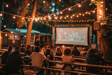 Fototapeta premium Open air cinema. People watching movie in open air movie theater decorated garlands. AI generative