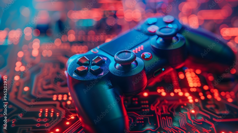Canvas Prints a black gaming controller with red and blue lights reflecting off the surface, lying on a circuit bo