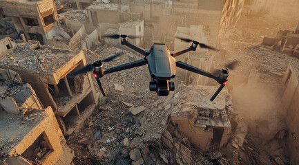 A drone captures aerial footage of destroyed buildings and rubble in a war-torn city, surveying the aftermath of urban devastation.