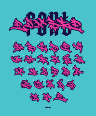 Graffiti style, English alphabet. Vector. Graffiti letters, tags and medieval Latin letters. Signs and symbols for design. Calligraphy, lettering and tags. Modern interpretation of Gothic.