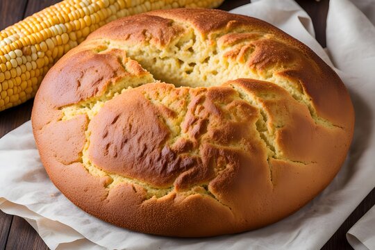 A round loaf of portuguese broa de milho a traditional corn bread, AI Generated