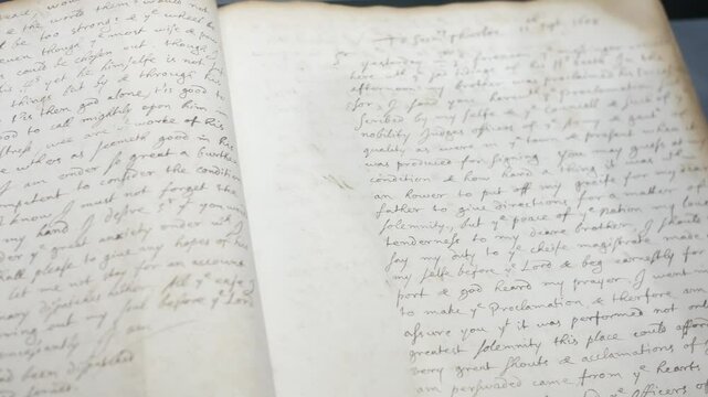 An old antique manuscript book featuring cursive handwriting on aged paper. The text codex is a historical letter or document, showcasing intricate penmanship