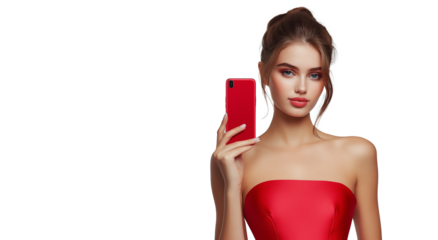 Beautiful woman in red dress looking at the camera and showing a mobile phone on transparent background