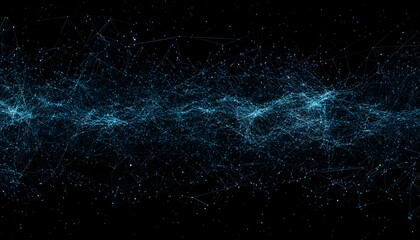 Abstract background with a blue and black color scheme, featuring a network of interconnected lines and dots.
