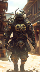 Fototapeta premium A samurai wearing menacing armor made from oni material, with a helmet, walking through an Edo period town during bright daylight