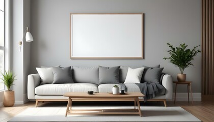 A modern living room with a large blank white frame on the wall, a gray sofa, a wooden coffee table, and decorative pillows