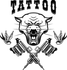 Tattoo studio emblem template. Crossed tattoo machine, panther head, roses. Design element for logo, label, sign, poster, t shirt. Vector illustration