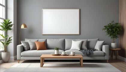 A modern living room with a large blank white frame on the wall, a gray sofa, a wooden coffee table, and decorative pillows