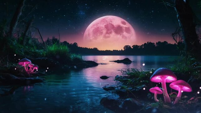 Lake landscape at night with glowing mushroom plants, smooth looping video 4K 