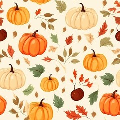 Autumn-themed repeat print with orange and white pumpkins and leaves. Watercolor fall gourds illustration. Botanical designer paper.