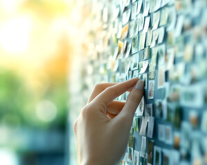 Close-up image of a hand selecting a photo from a collage of pictures on a wall, capturing memories and moments.
