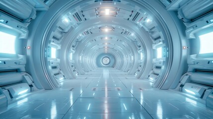 A futuristic white hallway with a glowing light at the end,white hallway with a bright light at the end,Empty white futuristic corridor with a glowing light in the distance