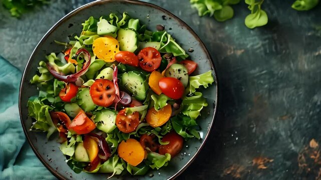 A beautiful vegetable salad in a large plate on the table.