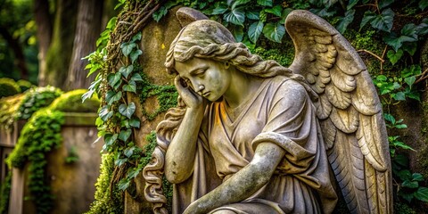 Weathered stone statue of a sorrowful angel weeping, wings folded, surrounded by moss and ivy, conveying a sense of melancholy and eternal grief.