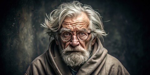 Obraz premium Wrinkled, worn, and weathered senior citizen with unruly grey hair and thick glasses, wearing a stained, frayed robe, exuding a sense of aged dishevelment.