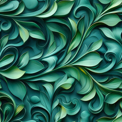 A vegetable seamless pattern. Green natural pattern with leaves and curls. The pattern is very complex and detailed, with lots of green leaves. Organic background