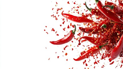 Falling bursting chili peppers isolate white background