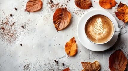 Autumn composition with cup of coffee and text CYBER MONDAY SALE SPECIAL OFFER on light background 