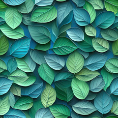 Seamless botanical pattern of green and blue leaves. Green plant background with lots of leaves. Natural organic background
