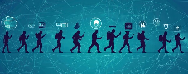 Illustration depicting the evolution of humans from primitive beings to modern technology users in a digital world