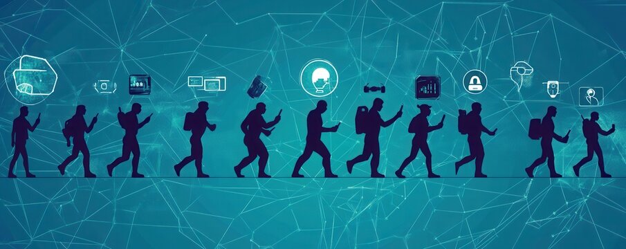 Illustration depicting the evolution of humans from primitive beings to modern technology users in a digital world