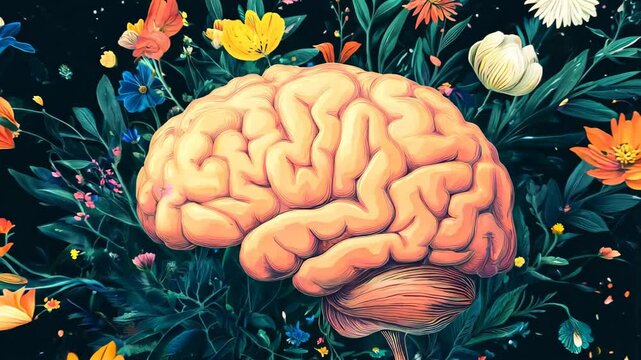 Human brain with blooming flowers, creative art, mental health. Self care Psychology Mindfulness Love yourself Self acceptance Support Stress healing Personality Harmony Feelings. 