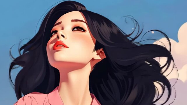 Vibrant lowangle shot of an Asian girl captured in a fashion cartoon style, showcasing her beautiful face and unique essence.