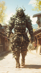 Fototapeta premium A samurai wearing menacing armor made from oni material, with a helmet, walking through an Edo period town during bright daylight