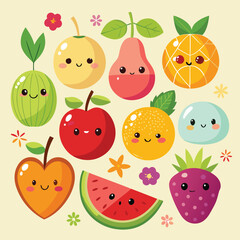 set of kawaii cute fruits vector illustration design