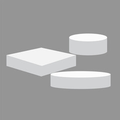 Empty white round podium, modern pedestal and platform, stand stage, cylinder, round empty stages and podium stairs 3d template for product presentation, awards. Isolated on gray background. EPS 10
