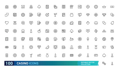 Casino icons set. Collection of vector line icons with elements for mobile concept and web app. Icons of slot machine, dice and more, Outline icon collection. Editable stroke icons.