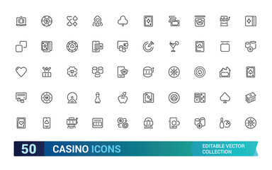 Casino icons set. Collection of vector line icons with elements for mobile concept and web app. Icons of slot machine, dice and more, Outline icon collection. Editable stroke icons.