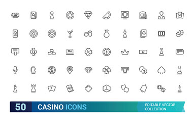 Casino icons set. Collection of vector line icons with elements for mobile concept and web app. Icons of slot machine, dice and more, Outline icon collection. Editable stroke icons.