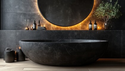 Fototapeta premium Black bathtub in a minimalist bathroom. Perfect for showcasing bathroom products or interior design concepts.