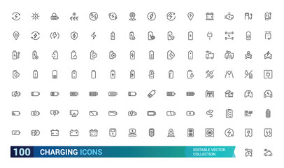 Charging and battery icon collections. Set of icons for charging technology, charging connection, recycling, energy and more, Outline icon collection. Editable stroke icons.
