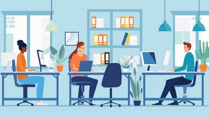 Illustration of Modern Office Workspace with Employees Working on Computers and Laptops, Collaborative Business Environment