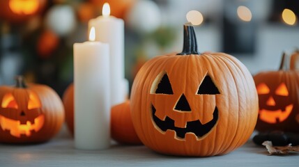 Halloween Pumpkins And Candles On Wooden.