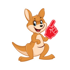 Cute cartoon kangaroo wearing a foam finger cheering on a white background.