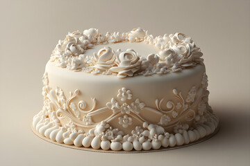 A 3D cake with intricate icing designs on a soft background, symbolizing celebration and craftsmanship
