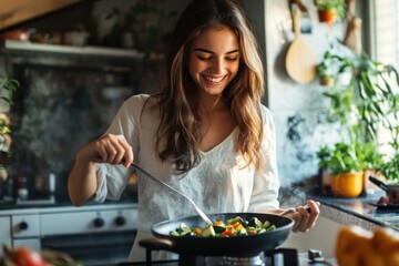 Happy young woman in a cozy kitchen, sautÃ©ing vegetables with a relaxed smile, savoring the experience of cooking a healthy and delicious meal at home