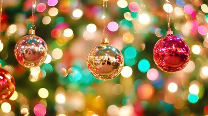 Colorful Christmas Ornaments Hanging on a Tree with Bokeh Lights