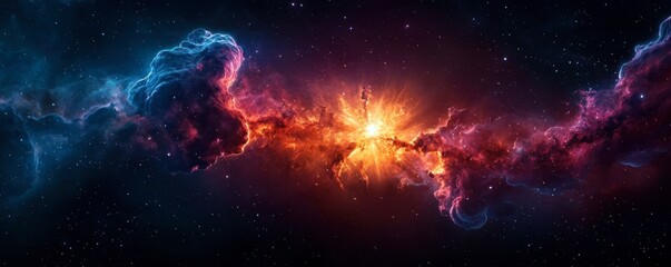 Fototapeta premium Stunning cosmic scene featuring vibrant nebulae in brilliant hues of orange and blue, embodying the beauty of the universe.