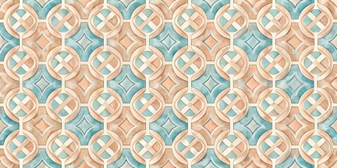Fototapeta premium Watercolor Interlocking Geometric Pattern, Blue and Beige, Seamless Tile, Geometric Pattern, Tile, Watercolor