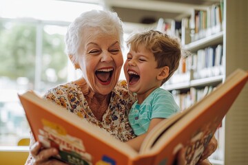 High-resolution brightly lit photorealistic candid photograph of a grandmother and grandchild sharing a fun moment at a local library, looking at books and laughing together. The photograph is styled